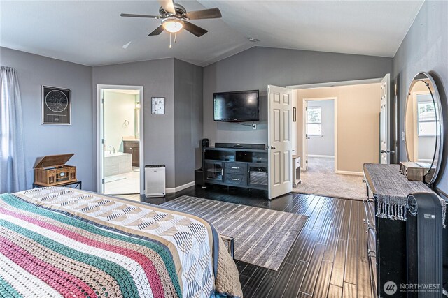 17716 25th Ave E, Tacoma, WA 98445 - bedroom featuring lofted ceiling, dark wood finished floors, a ceiling fan, and connected bathroom