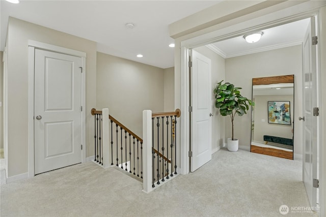 13020 112th Ave NE, Kirkland, WA 98034 - corridor featuring an upstairs landing, carpet, ornamental molding, and recessed lighting