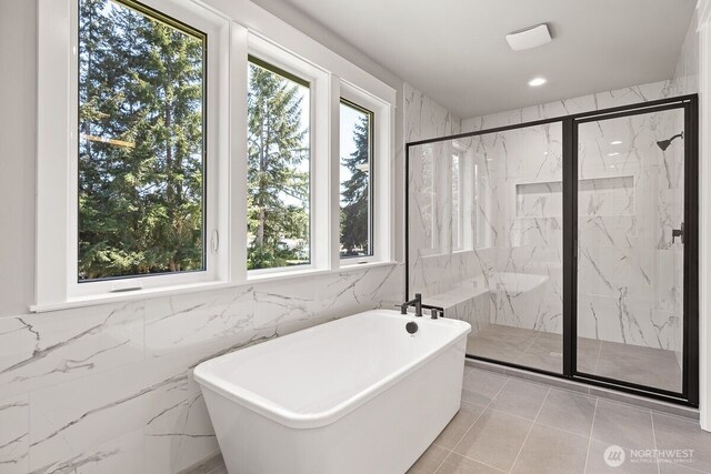 1418 238th St SE, Bothell, WA 98021 - full bathroom with a soaking tub, a marble finish shower, tile walls, and recessed lighting