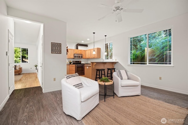 3 Spring Rd, Bellingham, WA 98229 - living room with wood finished floors, plenty of natural light, a ceiling fan, and recessed lighting