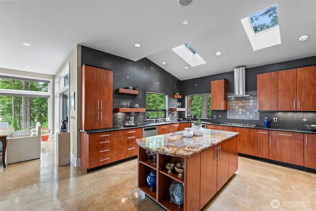 182 Island Blvd, Fox Island, WA 98333 - kitchen featuring open shelves, wall chimney exhaust hood, a skylight, vaulted ceiling, and modern cabinets