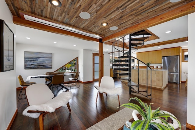 2770 Westlake Ave N Unit 6, Seattle, WA 98109 - living room featuring stairway, dark wood-type flooring, recessed lighting, and wood ceiling