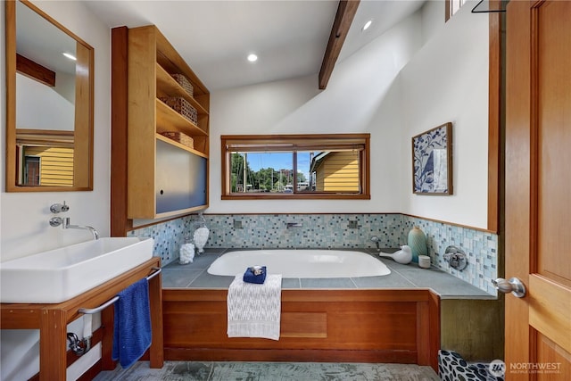 2770 Westlake Ave N Unit 6, Seattle, WA 98109 - bathroom featuring a bath, beamed ceiling, tasteful backsplash, recessed lighting, and vanity