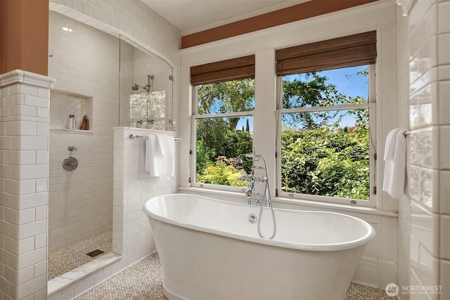 3804 S Mcclellan St, Seattle, WA 98144 - bathroom featuring tile patterned floors, a soaking tub, and walk in shower