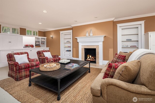 3804 S Mcclellan St, Seattle, WA 98144 - living room featuring ornamental molding, a fireplace, and recessed lighting