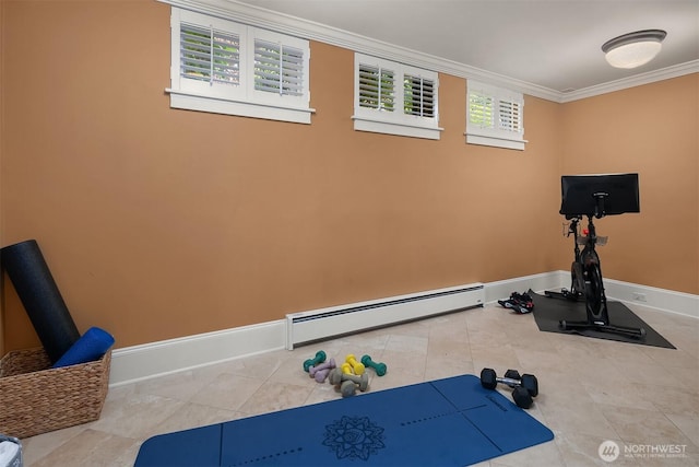 3804 S Mcclellan St, Seattle, WA 98144 - workout room with baseboard heating, ornamental molding, and tile patterned floors