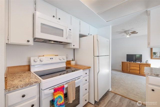 3207 SW 319th St Unit 48, Federal Way, WA 98023 - kitchen featuring white appliances, light countertops, light wood finished floors, white cabinetry, and ceiling fan