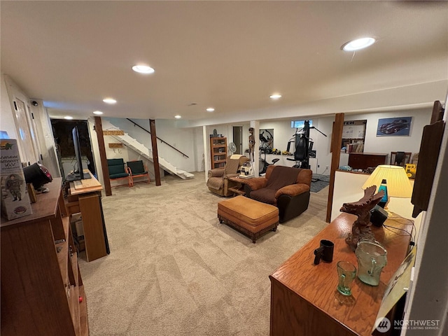 301 Main St, Riverside, WA 98849 - living area featuring light colored carpet, stairway, and recessed lighting