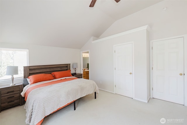7315 E Collins Rd, Port Orchard, WA 98366 - bedroom featuring lofted ceiling, light colored carpet, ensuite bathroom, and a ceiling fan