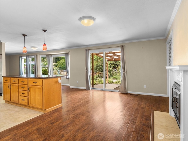 3929 Westpark Ct NW, Olympia, WA 98502 - kitchen with ornamental molding, wood finished floors, plenty of natural light, a fireplace with flush hearth, and dark countertops