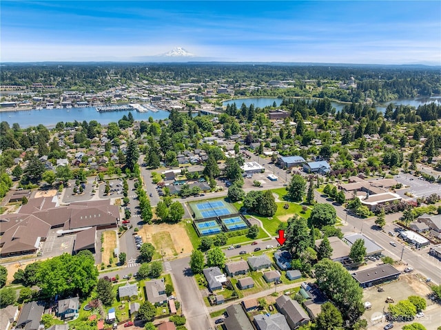 221 Thomas St N, Olympia, WA 98502 - aerial overview of property's location with a large body of water and nearby suburban area