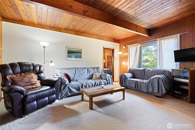 324 Mizzen Ave NW, Ocean Shores, WA 98569 - living area featuring carpet, a wood ceiling with exposed beams, and wooden walls