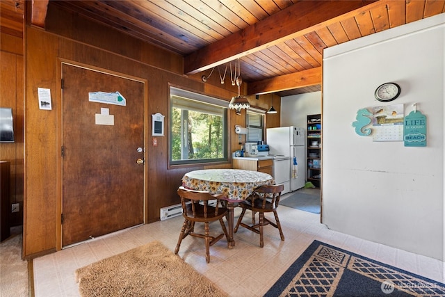 324 Mizzen Ave NW, Ocean Shores, WA 98569 - dining space with a wood ceiling with exposed beams, light flooring, and wooden walls