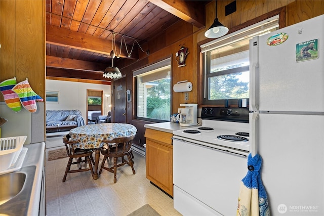 324 Mizzen Ave NW, Ocean Shores, WA 98569 - kitchen with white appliances, a wood ceiling with exposed beams, baseboard heating, light floors, and decorative light fixtures