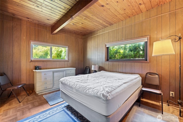 324 Mizzen Ave NW, Ocean Shores, WA 98569 - bedroom with a wooden ceiling with exposed beams and wooden walls
