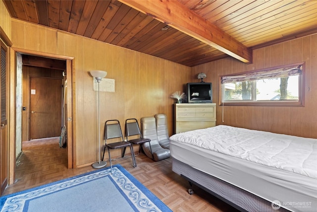 324 Mizzen Ave NW, Ocean Shores, WA 98569 - bedroom with a wooden ceiling with exposed beams and wood walls