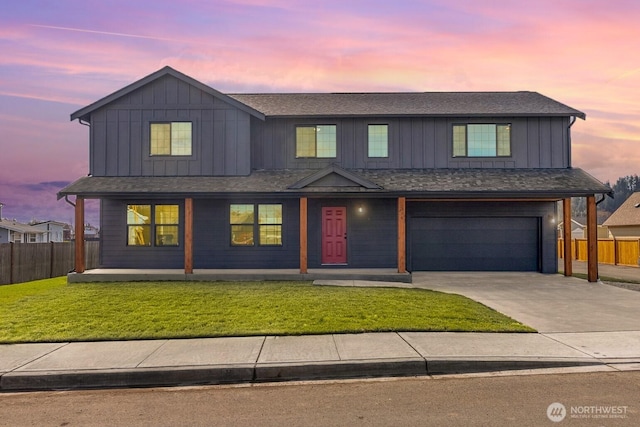 314 4th Ave S, Algona, WA 98001 - modern farmhouse featuring an attached garage, concrete driveway, board and batten siding, a porch, and roof with shingles