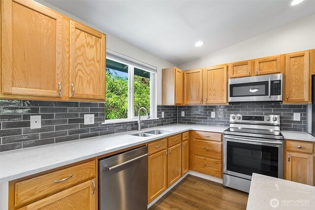 3218 127th Ave NE, Lake Stevens, WA 98258 - kitchen with stainless steel appliances, dark wood-type flooring, decorative backsplash, and recessed lighting