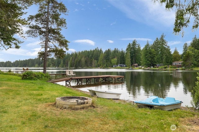 1171 E Trails End Dr, Belfair, WA 98528 - dock featuring a forest view, a fire pit, a water view, and a yard