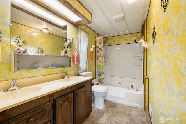 1171 E Trails End Dr, Belfair, WA 98528 - bathroom with wallpapered walls, double vanity, and shower / tub combo