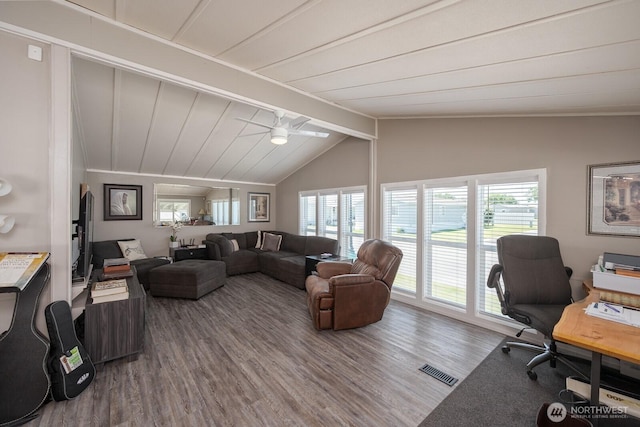 2240 W Broadway Ave Unit 25, Moses Lake, WA 98837 - living room featuring wood finished floors, a desk, and a ceiling fan