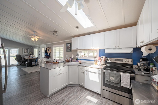 2240 W Broadway Ave Unit 25, Moses Lake, WA 98837 - kitchen with stainless steel range with electric cooktop, ceiling fan, under cabinet range hood, dishwasher, and healthy amount of natural light