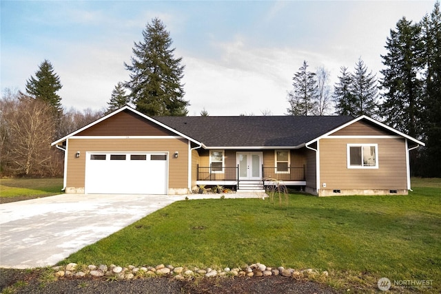 24 Hurd Rd, Elma, WA 98541 - ranch-style house with a porch, concrete driveway, a front lawn, a garage, and french doors