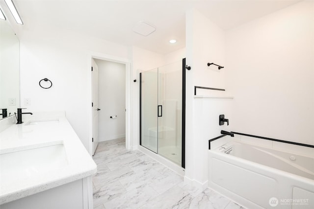 24 Hurd Rd, Elma, WA 98541 - bathroom with a stall shower, marble finish flooring, double vanity, a bath, and recessed lighting