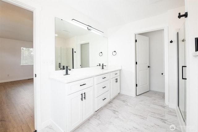 24 Hurd Rd, Elma, WA 98541 - full bath with double vanity, a shower stall, and marble finish floors