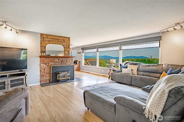 2483 Hilltop Rd, Ferndale, WA 98248 - living room with rail lighting, wood finished floors, and a fireplace
