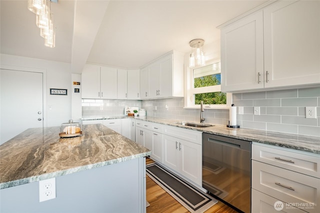 2483 Hilltop Rd, Ferndale, WA 98248 - kitchen featuring dishwasher, white cabinets, decorative backsplash, and light stone countertops