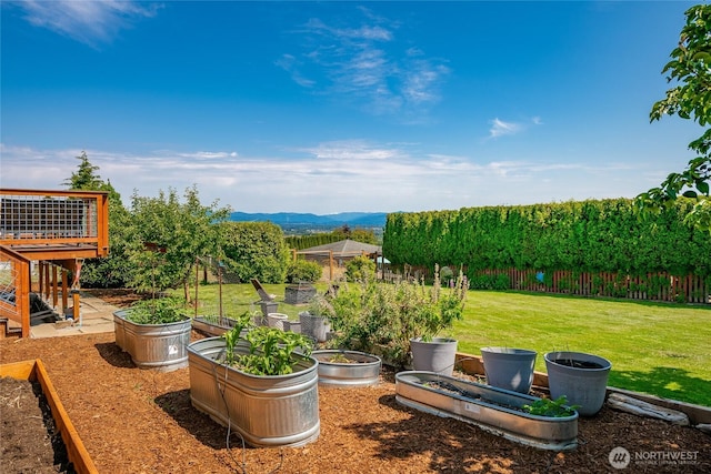 2483 Hilltop Rd, Ferndale, WA 98248 - fenced backyard with a vegetable garden and a mountain view