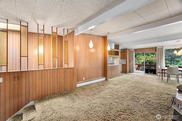 2219 Yelm Hwy SE, Olympia, WA 98501 - unfurnished living room with a baseboard radiator, carpet flooring, beamed ceiling, and wooden walls