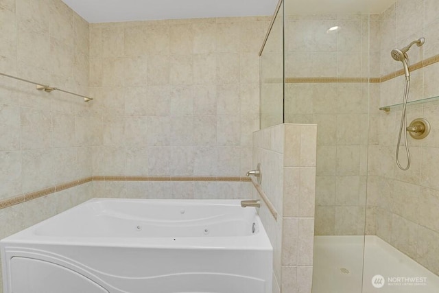 7516 181st Pl SW, Edmonds, WA 98026 - full bath with a whirlpool tub, a walk in shower, and tile walls