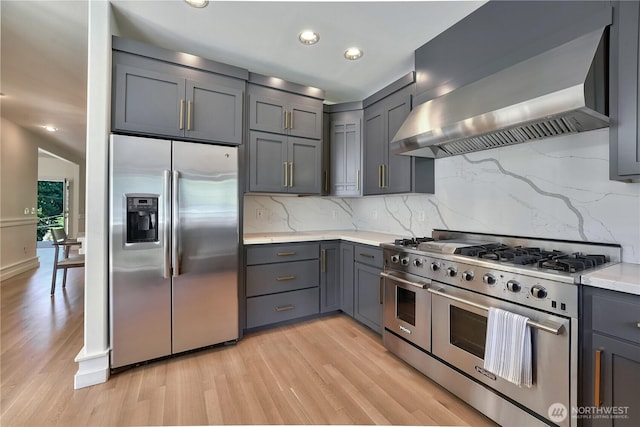 7516 181st Pl SW, Edmonds, WA 98026 - kitchen featuring appliances with stainless steel finishes, wall chimney range hood, gray cabinets, light wood-style floors, and recessed lighting