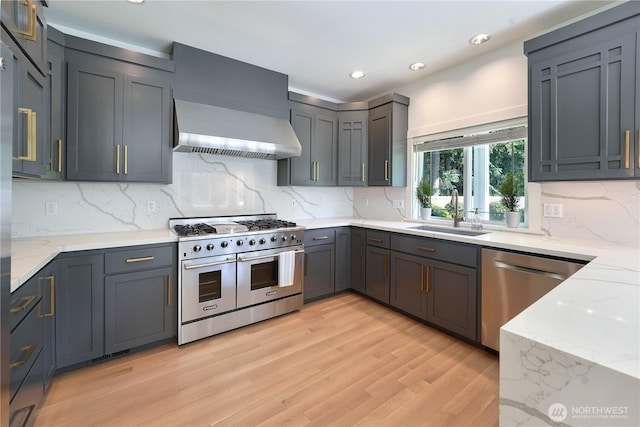 7516 181st Pl SW, Edmonds, WA 98026 - kitchen featuring stainless steel appliances, wall chimney range hood, light wood finished floors, tasteful backsplash, and light stone counters