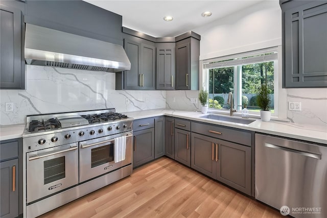 7516 181st Pl SW, Edmonds, WA 98026 - kitchen featuring appliances with stainless steel finishes, light wood-type flooring, gray cabinetry, wall chimney exhaust hood, and tasteful backsplash