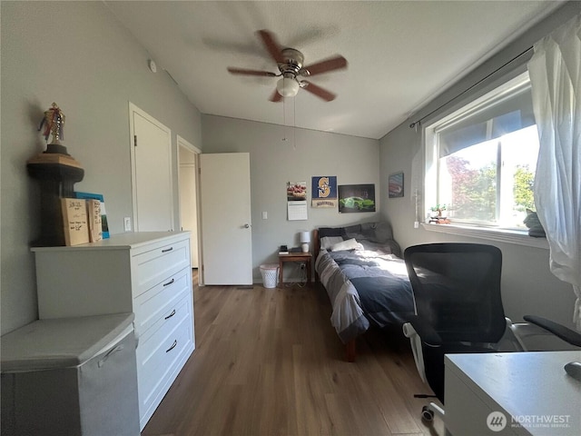 72 Misty Glen Ln, Sequim, WA 98382 - bedroom featuring lofted ceiling, dark wood-style flooring, a ceiling fan, and fridge