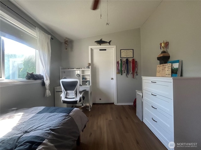 72 Misty Glen Ln, Sequim, WA 98382 - bedroom with dark wood-type flooring, vaulted ceiling, and a ceiling fan