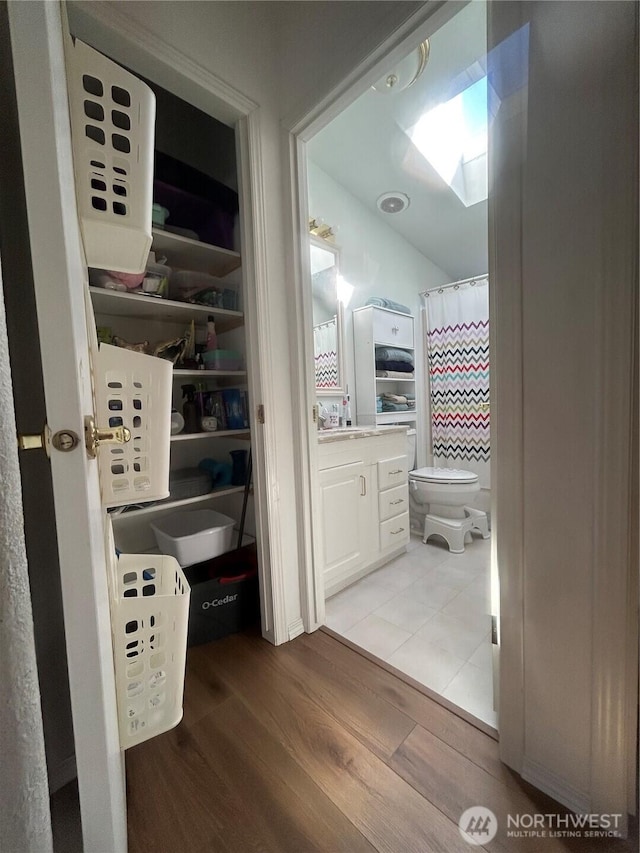 72 Misty Glen Ln, Sequim, WA 98382 - bathroom featuring vanity, wood finished floors, and a skylight