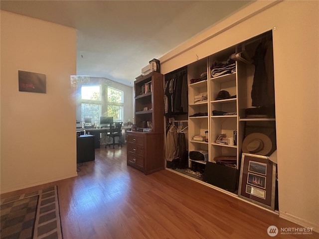 72 Misty Glen Ln, Sequim, WA 98382 - office featuring dark wood-style floors and vaulted ceiling