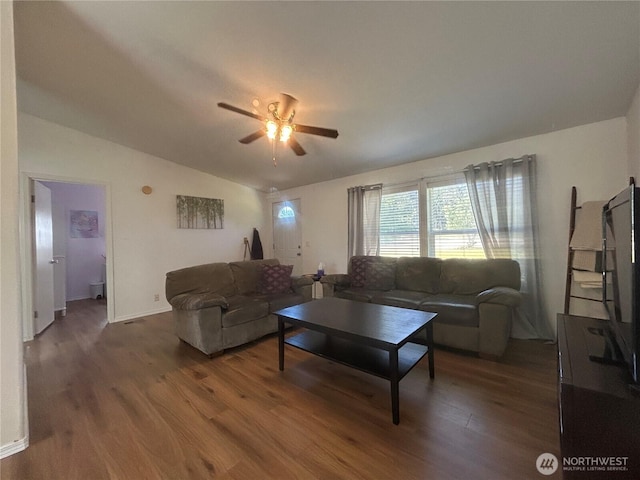 72 Misty Glen Ln, Sequim, WA 98382 - living room with wood finished floors, lofted ceiling, and ceiling fan