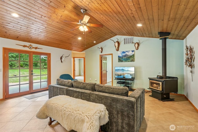 6611 Menzel Lake Rd, Granite Falls, WA 98252 - living room featuring wooden ceiling, light tile patterned floors, lofted ceiling, french doors, and a ceiling fan