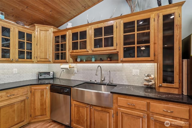 6611 Menzel Lake Rd, Granite Falls, WA 98252 - kitchen with dishwasher, lofted ceiling, decorative backsplash, wood ceiling, and glass insert cabinets