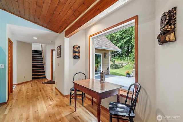 6611 Menzel Lake Rd, Granite Falls, WA 98252 - dining room featuring stairway, light wood finished floors, wooden ceiling, and lofted ceiling