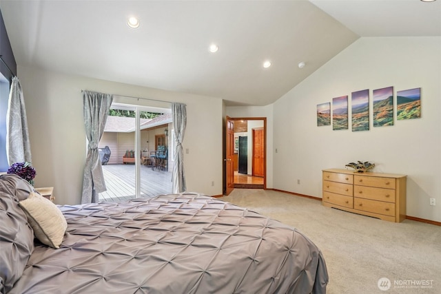 6611 Menzel Lake Rd, Granite Falls, WA 98252 - bedroom featuring access to exterior, vaulted ceiling, light carpet, and recessed lighting