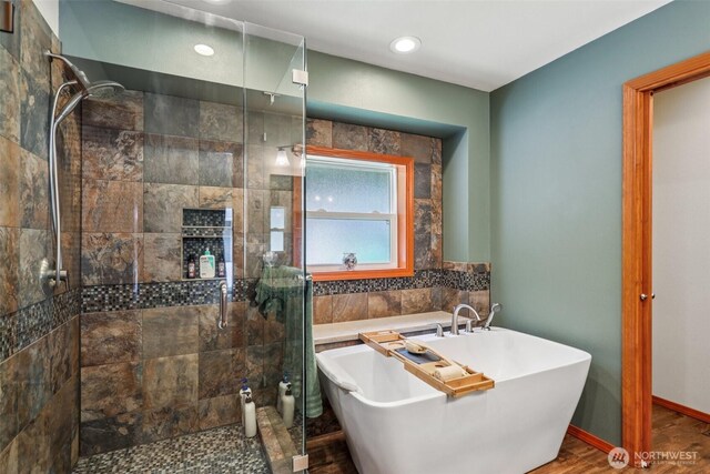 6611 Menzel Lake Rd, Granite Falls, WA 98252 - bathroom featuring a freestanding bath and a shower stall