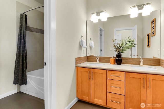 4241 S Eddy St, Seattle, WA 98118 - full bath featuring double vanity, shower / bath combo, and tile patterned flooring