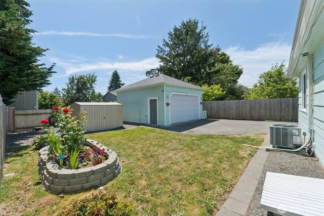 2735 Mcleod Rd, Bellingham, WA 98225 - fenced backyard with an outbuilding, a detached garage, and a patio area