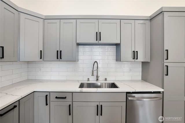 3124 Oas Dr W, University Place, WA 98466 - kitchen featuring dishwasher, gray cabinets, backsplash, and light stone countertops